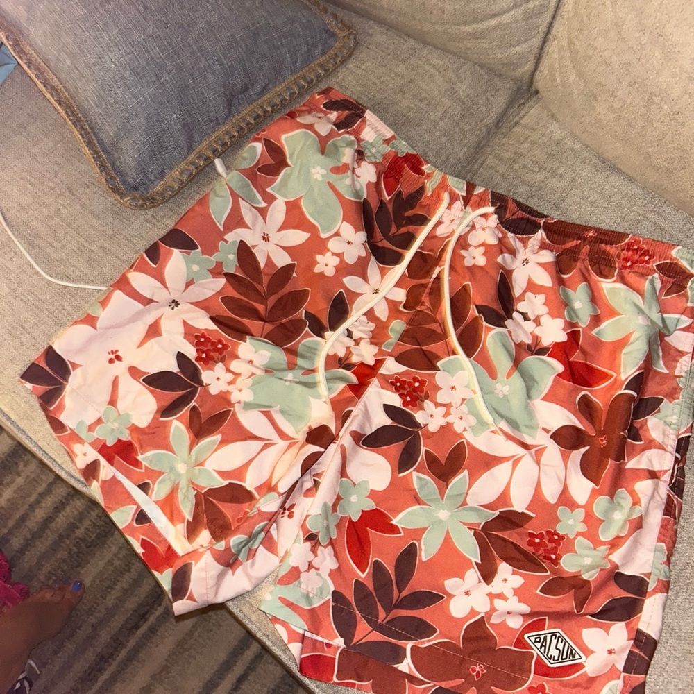 PacSun Red and Green Floral Swim Shorts